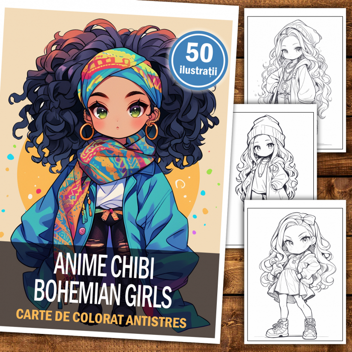 Carte de colorat pentru relaxare si antistres, 50 de ilustratii, Anime Chibi Boemian Girls, 106 pagini [2]