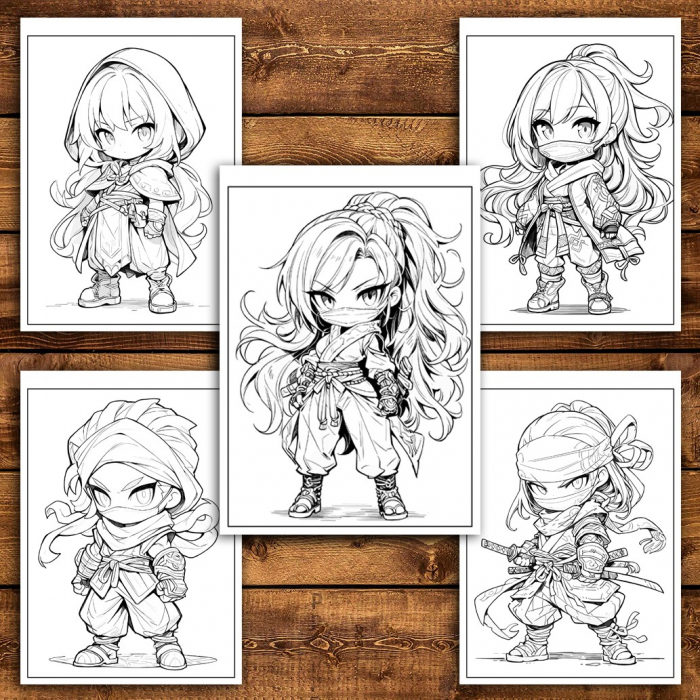 Carte de colorat pentru relaxare si antistres, 50 de ilustratii, Anime Chibi Ninjas, 106 pagini [4]