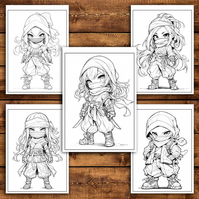 Carte de colorat pentru relaxare si antistres, 50 de ilustratii, Anime Chibi Ninjas, 106 pagini [5]