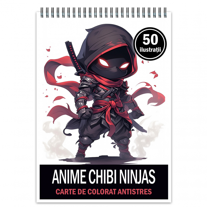 Carte de colorat pentru relaxare si antistres, 50 de ilustratii, Anime Chibi Ninjas, 106 pagini [1]
