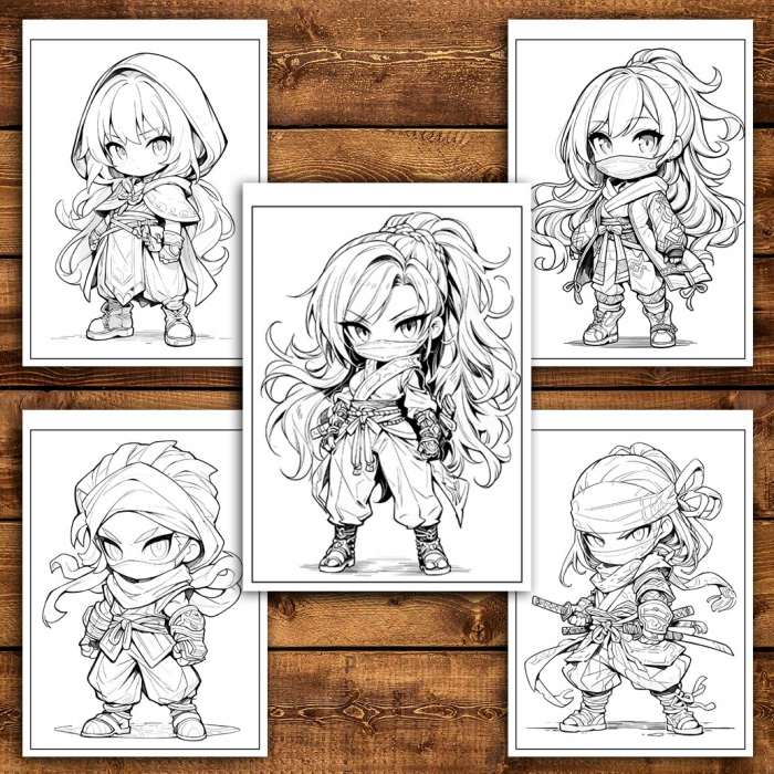 Carte de colorat pentru relaxare si antistres, 50 de ilustratii, Anime Chibi Ninjas, 106 pagini [4]
