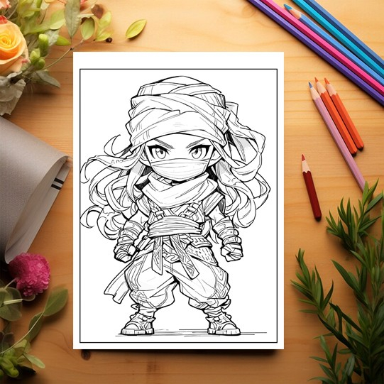 Carte de colorat pentru relaxare si antistres, 50 de ilustratii, Anime Chibi Ninjas, 106 pagini [3]