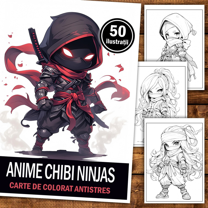 Carte de colorat pentru relaxare si antistres, 50 de ilustratii, Anime Chibi Ninjas, 106 pagini [2]