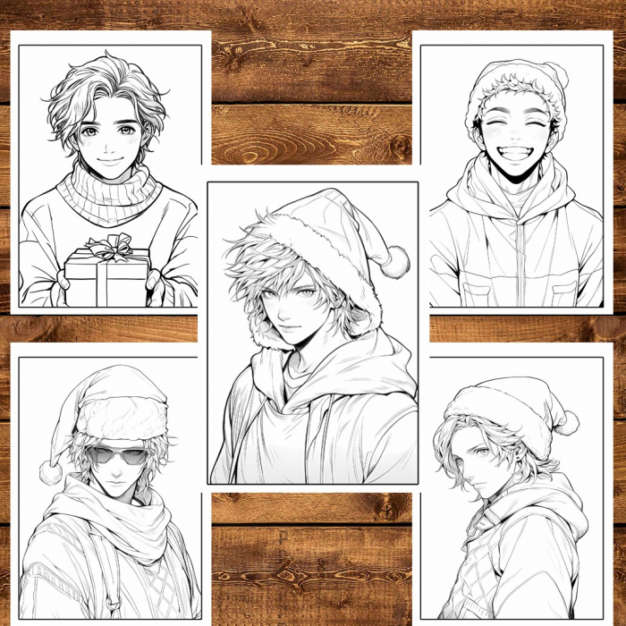 Carte de colorat pentru relaxare si antistres, 50 de ilustratii, Anime Christmas Boys, 106 pagini [6]