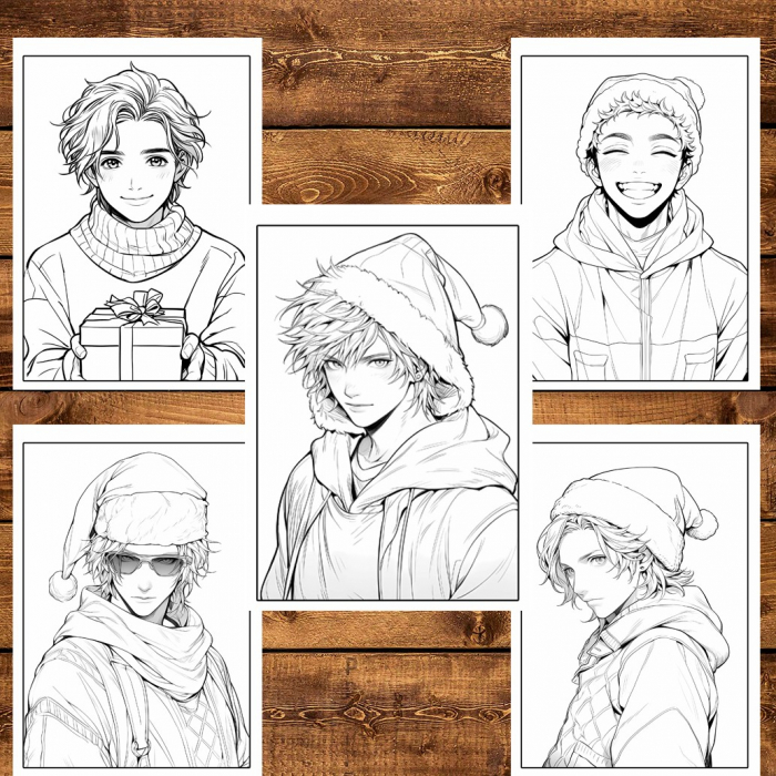 Carte de colorat pentru relaxare si antistres, 50 de ilustratii, Anime Christmas Boys, 106 pagini [6]