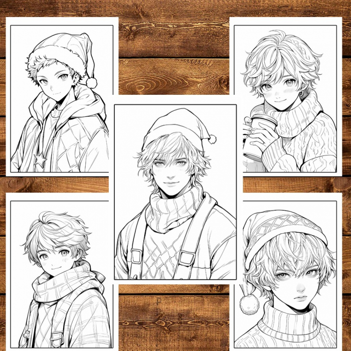Carte de colorat pentru relaxare si antistres, 50 de ilustratii, Anime Christmas Boys, 106 pagini [5]
