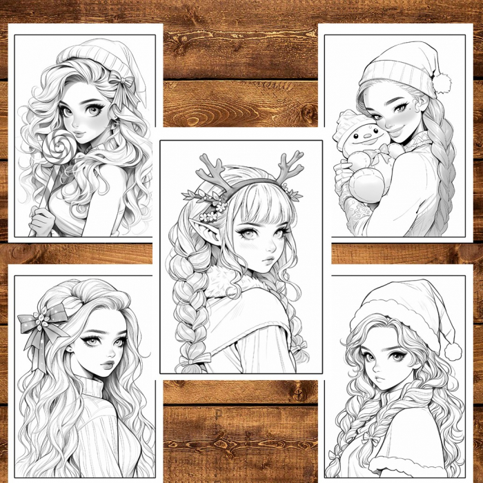 Carte de colorat pentru relaxare si antistres, 50 de ilustratii, Anime Christmas Girls, 106 pagini [6]