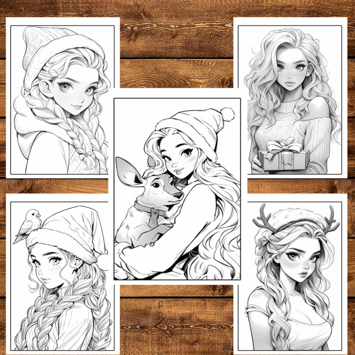 Carte de colorat pentru relaxare si antistres, 50 de ilustratii, Anime Christmas Girls, 106 pagini [4]