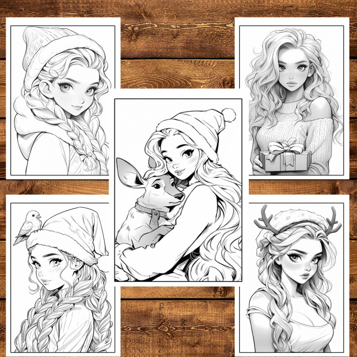 Carte de colorat pentru relaxare si antistres, 50 de ilustratii, Anime Christmas Girls, 106 pagini [4]