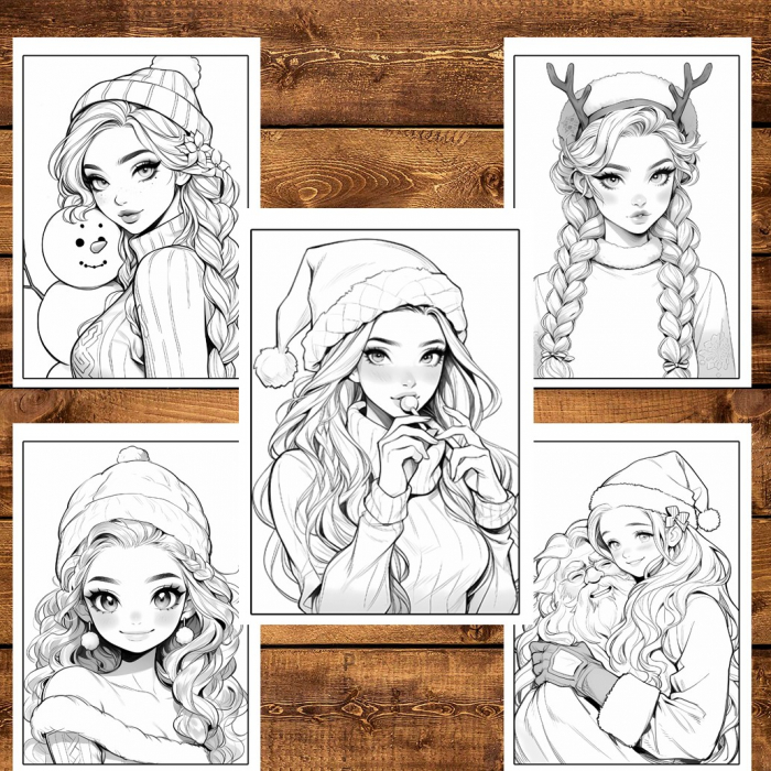 Carte de colorat pentru relaxare si antistres, 50 de ilustratii, Anime Christmas Girls, 106 pagini [5]