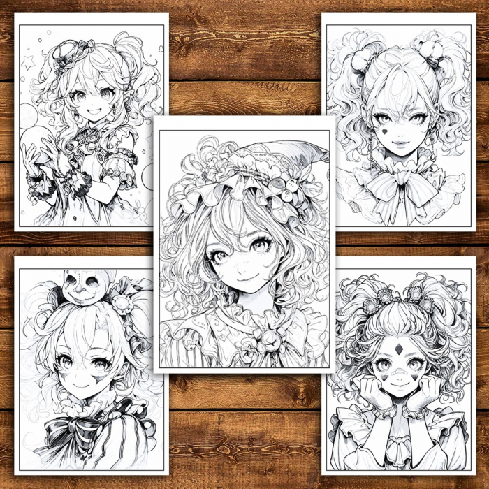 Carte de colorat pentru relaxare si antistres, 50 de ilustratii, Anime Clown Girls - Volumul II, 106 pagini [5]