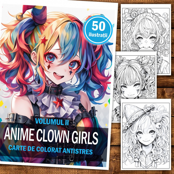 Carte de colorat pentru relaxare si antistres, 50 de ilustratii, Anime Clown Girls - Volumul II, 106 pagini [2]