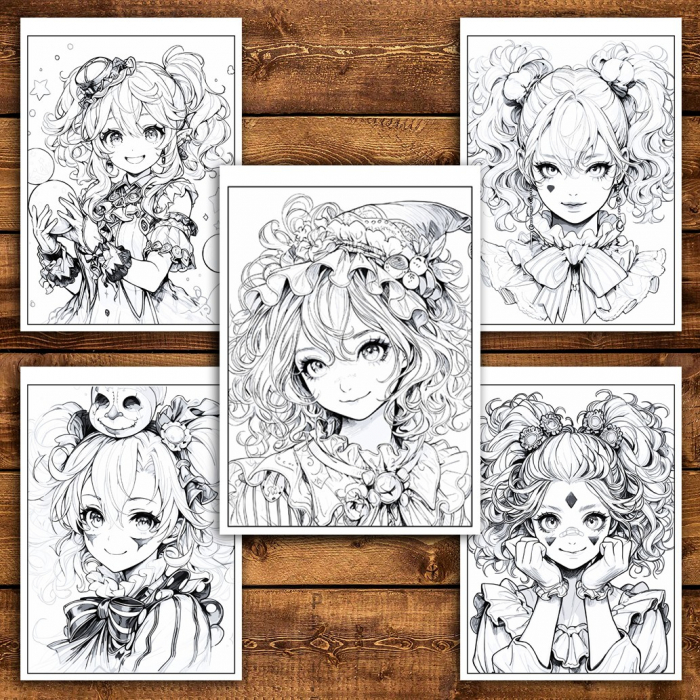 Carte de colorat pentru relaxare si antistres, 50 de ilustratii, Anime Clown Girls - Volumul II, 106 pagini [5]