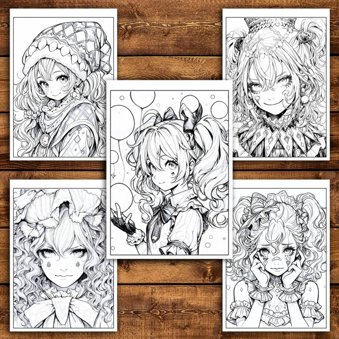 Carte de colorat pentru relaxare si antistres, 50 de ilustratii, Anime Clown Girls - Volumul II, 106 pagini [4]