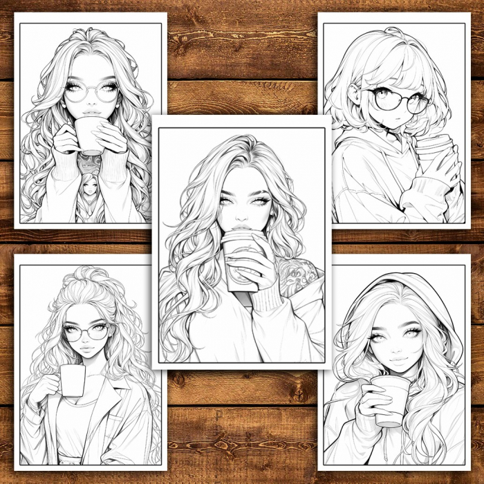 Carte de colorat pentru relaxare si antistres, 50 de ilustratii, Anime Coffee Girls, 106 pagini [6]