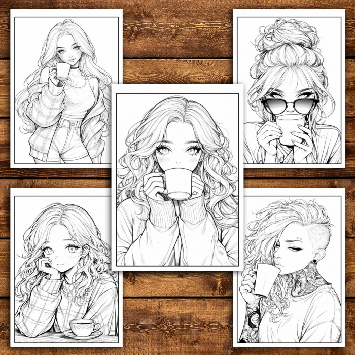 Carte de colorat pentru relaxare si antistres, 50 de ilustratii, Anime Coffee Girls, 106 pagini [4]