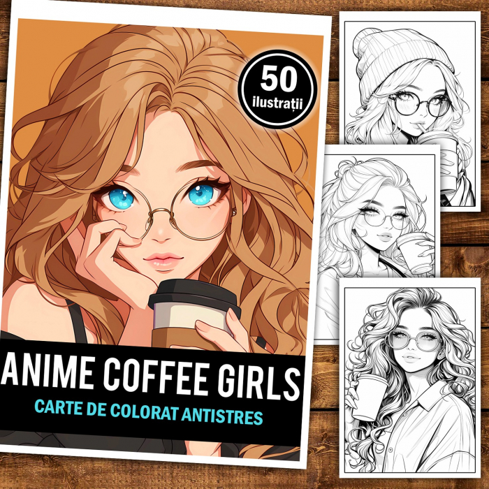 Carte de colorat pentru relaxare si antistres, 50 de ilustratii, Anime Coffee Girls, 106 pagini [2]