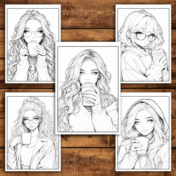 Carte de colorat pentru relaxare si antistres, 50 de ilustratii, Anime Coffee Girls, 106 pagini [6]