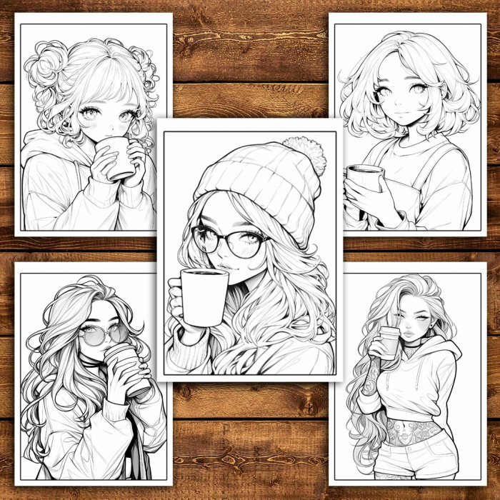 Carte de colorat pentru relaxare si antistres, 50 de ilustratii, Anime Coffee Girls, 106 pagini [5]