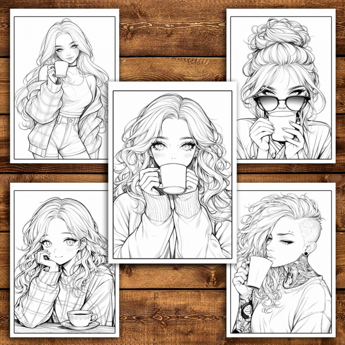 Carte de colorat pentru relaxare si antistres, 50 de ilustratii, Anime Coffee Girls, 106 pagini [4]
