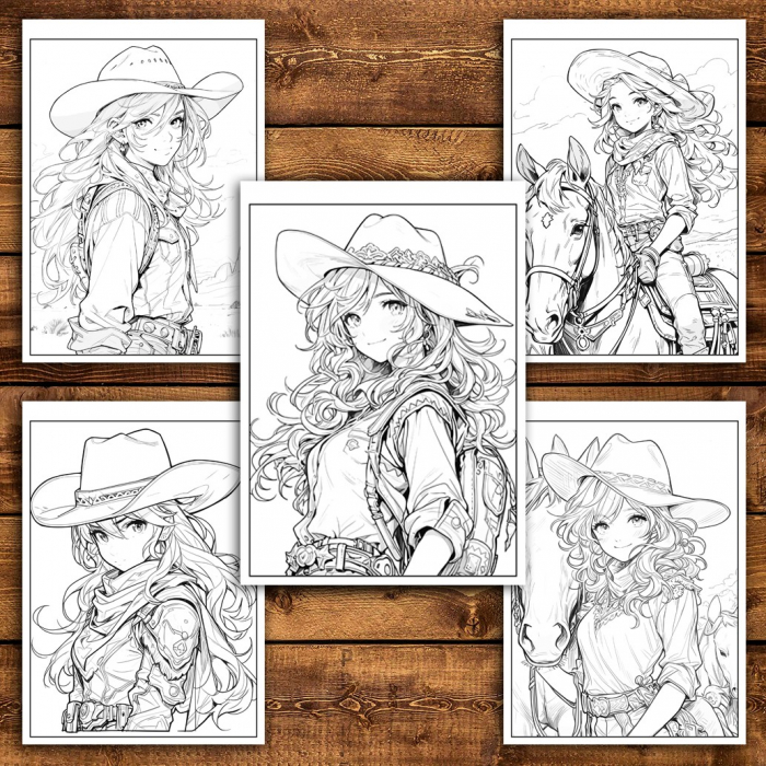 Carte de colorat pentru relaxare si antistres, 50 de ilustratii, Anime Cowboy Girls, 106 pagini [5]