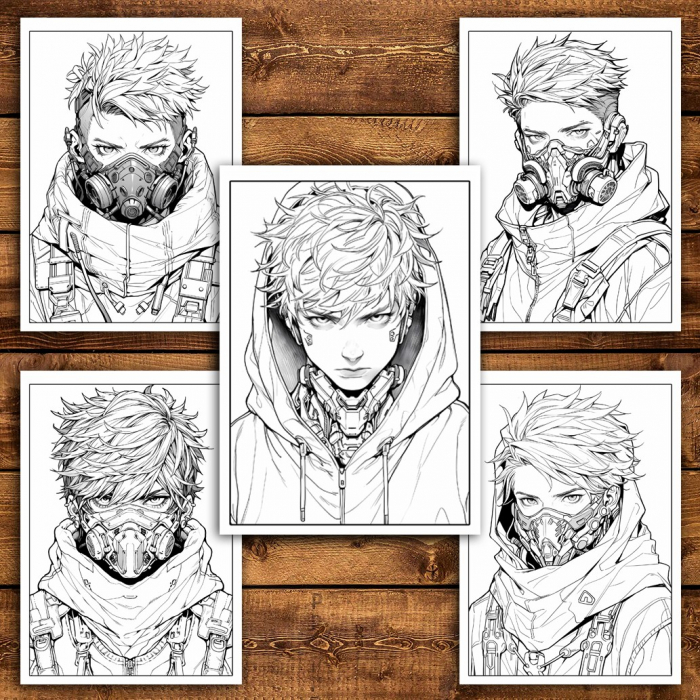 Carte de colorat pentru relaxare si antistres, 50 de ilustratii, Anime Cyberpunk Boys, 106 pagini [4]