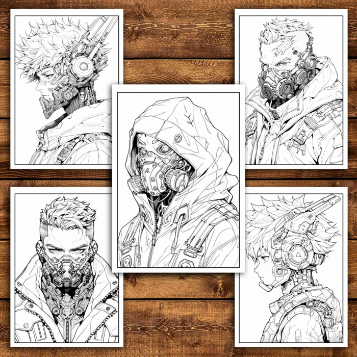 Carte de colorat pentru relaxare si antistres, 50 de ilustratii, Anime Cyberpunk Boys, 106 pagini [5]