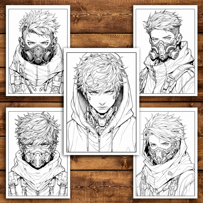 Carte de colorat pentru relaxare si antistres, 50 de ilustratii, Anime Cyberpunk Boys, 106 pagini [4]