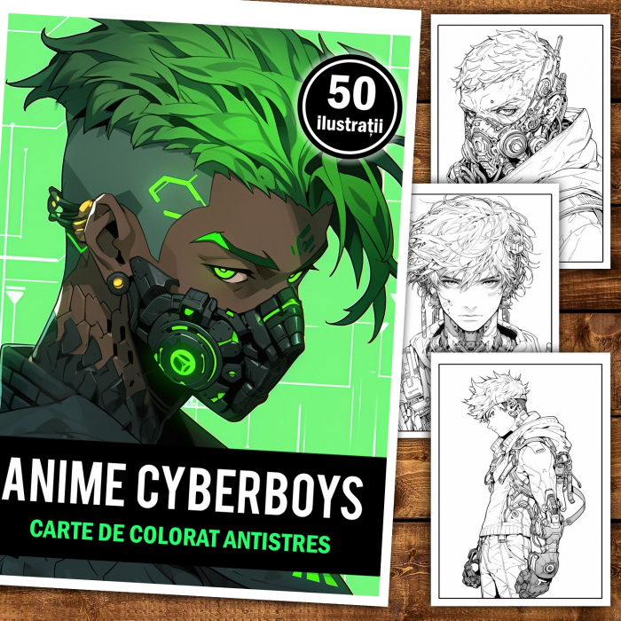 Carte de colorat pentru relaxare si antistres, 50 de ilustratii, Anime Cyberpunk Boys, 106 pagini [2]