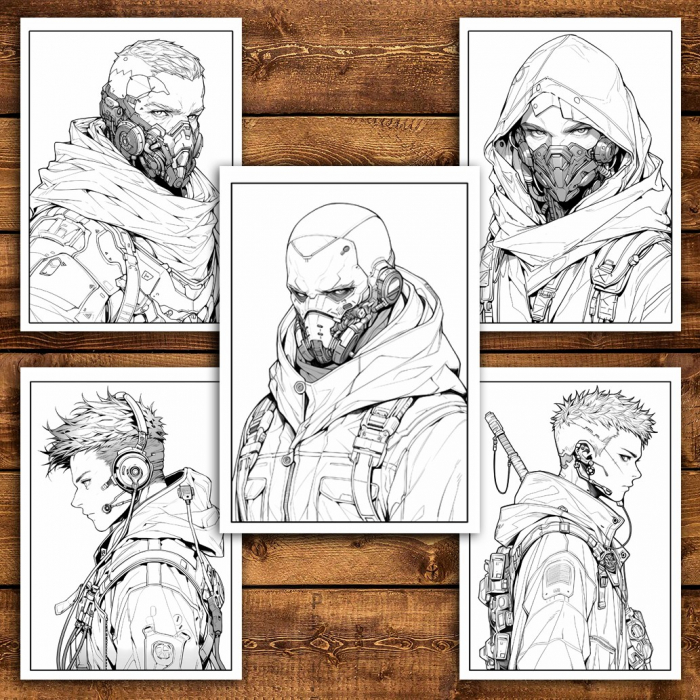 Carte de colorat pentru relaxare si antistres, 50 de ilustratii, Anime Cyberpunk Boys, 106 pagini [6]