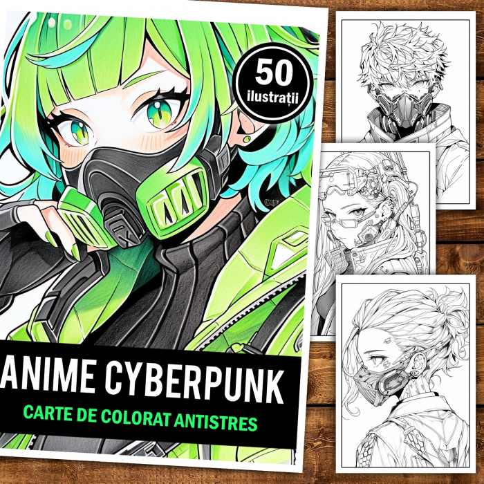 Carte de colorat pentru relaxare si antistres, 50 de ilustratii, Anime Cyberpunk Girls, 106 pagini [2]