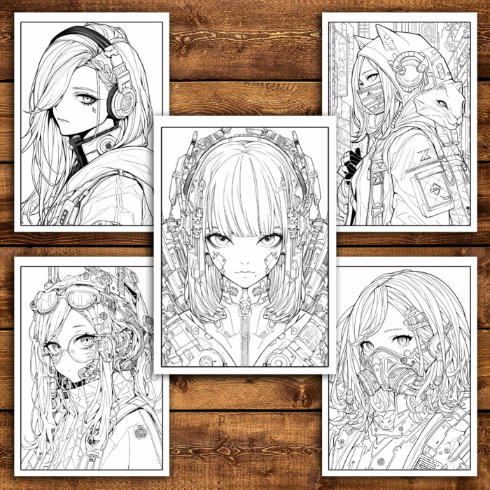 Carte de colorat pentru relaxare si antistres, 50 de ilustratii, Anime Cyberpunk Girls, 106 pagini [5]
