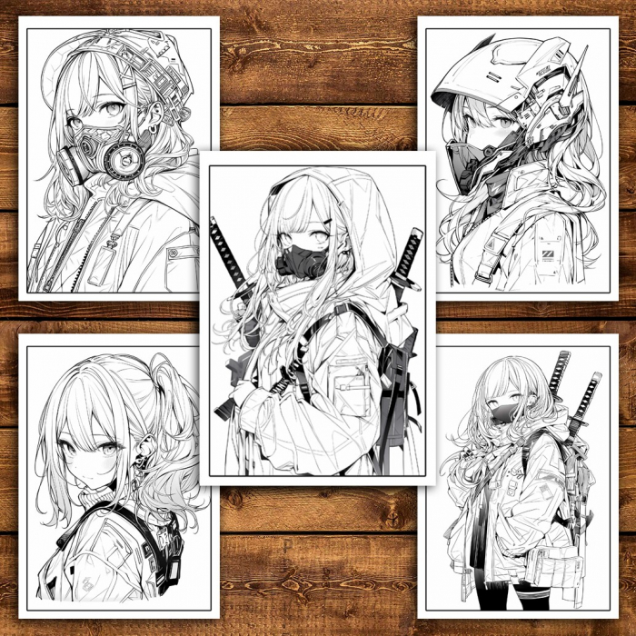 Carte de colorat pentru relaxare si antistres, 50 de ilustratii, Anime Cyberpunk Girls, 106 pagini [6]