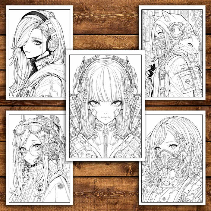 Carte de colorat pentru relaxare si antistres, 50 de ilustratii, Anime Cyberpunk Girls, 106 pagini [5]