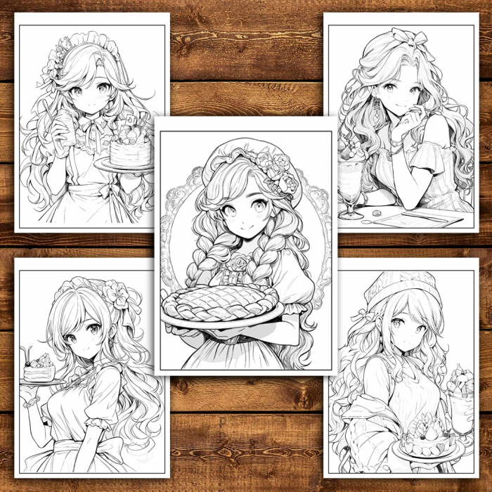 Carte de colorat pentru relaxare si antistres, 50 de ilustratii, Anime Dessert Girls - Volumul I, 106 pagini [5]