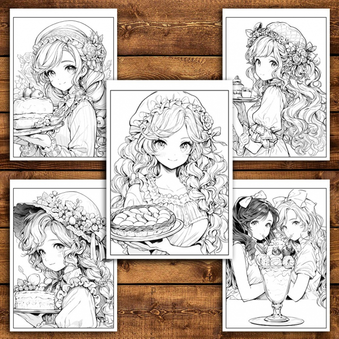 Carte de colorat pentru relaxare si antistres, 50 de ilustratii, Anime Dessert Girls - Volumul I, 106 pagini [4]