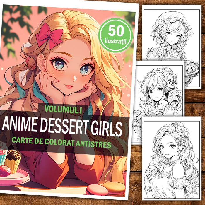 Carte de colorat pentru relaxare si antistres, 50 de ilustratii, Anime Dessert Girls - Volumul I, 106 pagini [2]