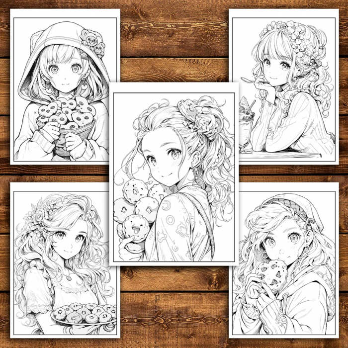 Carte de colorat pentru relaxare si antistres, 50 de ilustratii, Anime Dessert Girls - VolumulI I, 106 pagini [5]
