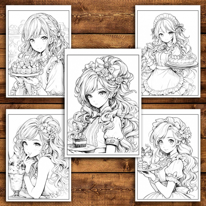 Carte de colorat pentru relaxare si antistres, 50 de ilustratii, Anime Dessert Girls - VolumulI I, 106 pagini [4]