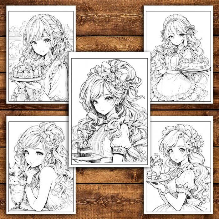 Carte de colorat pentru relaxare si antistres, 50 de ilustratii, Anime Dessert Girls - VolumulI I, 106 pagini [4]