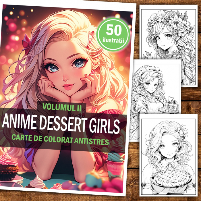 Carte de colorat pentru relaxare si antistres, 50 de ilustratii, Anime Dessert Girls - VolumulI I, 106 pagini [2]