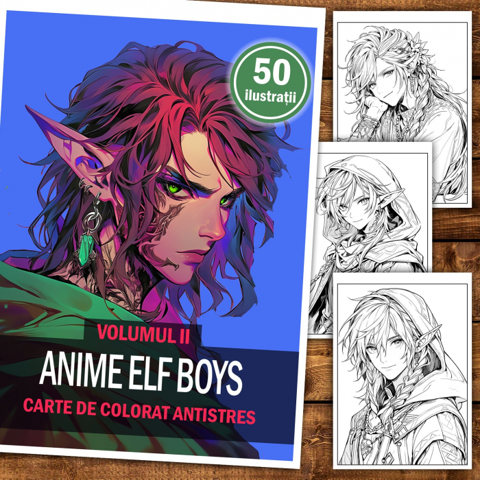 Carte de colorat pentru relaxare si antistres, 50 de ilustratii, Anime Elf Boys - Volumul II, 106 pagini [2]