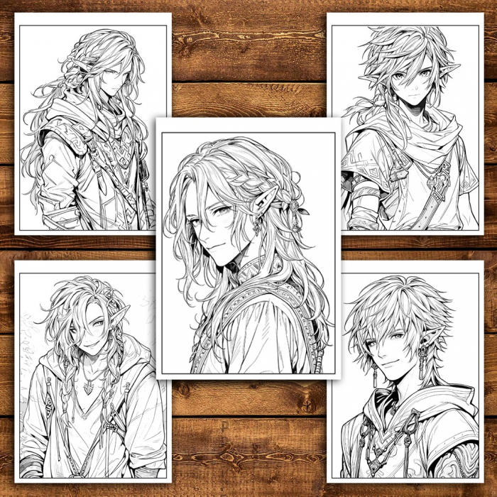 Carte de colorat pentru relaxare si antistres, 50 de ilustratii, Anime Elf Boys - Volumul II, 106 pagini [5]
