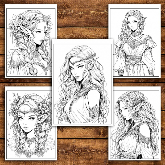 Carte de colorat pentru relaxare si antistres, 50 de ilustratii, Anime Elf Girls - Volumul II, 106 pagini [5]