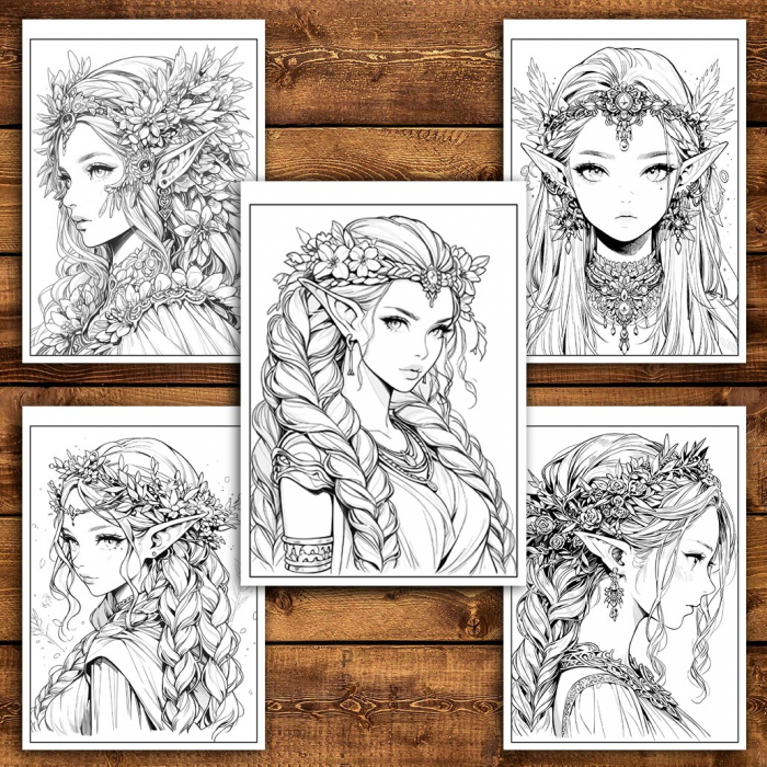 Carte de colorat pentru relaxare si antistres, 50 de ilustratii, Anime Elf Girls - Volumul II, 106 pagini [4]