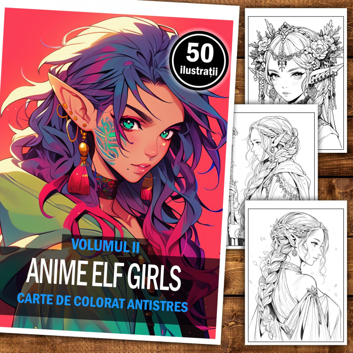 Carte de colorat pentru relaxare si antistres, 50 de ilustratii, Anime Elf Girls - Volumul II, 106 pagini [2]