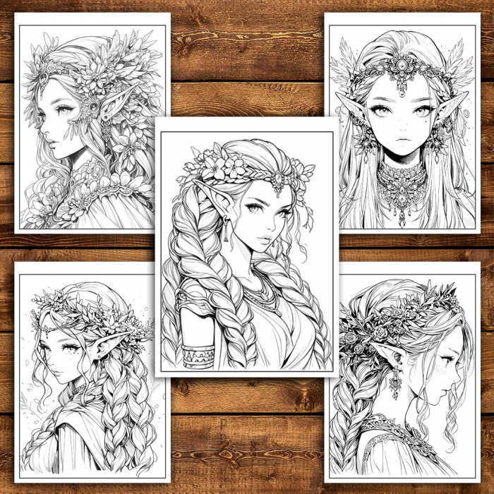 Carte de colorat pentru relaxare si antistres, 50 de ilustratii, Anime Elf Girls - Volumul II, 106 pagini [4]