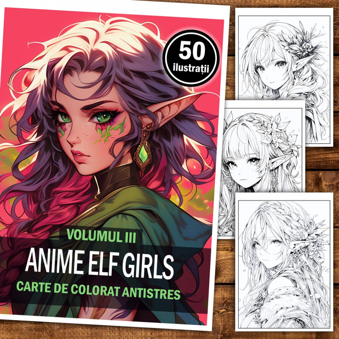 Carte de colorat pentru relaxare si antistres, 50 de ilustratii, Anime Elf Girls - Volumul III, 106 pagini [2]