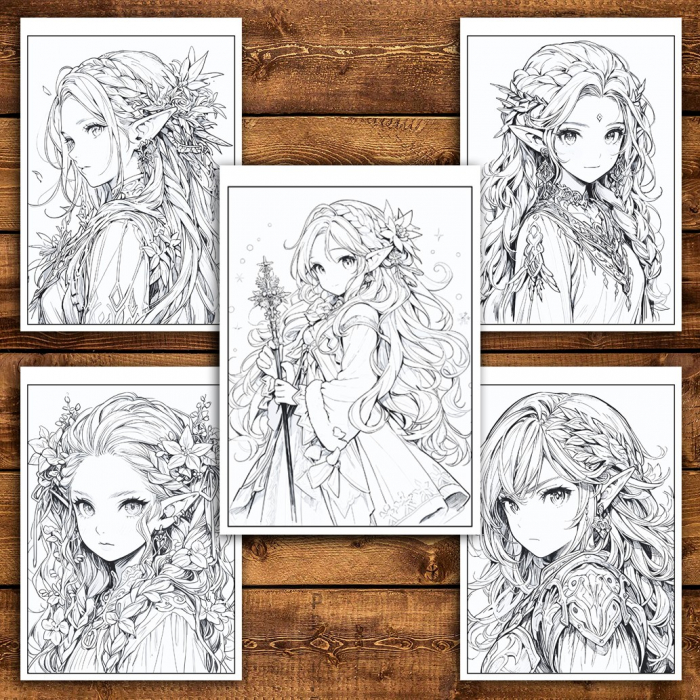 Carte de colorat pentru relaxare si antistres, 50 de ilustratii, Anime Elf Girls - Volumul III, 106 pagini [5]