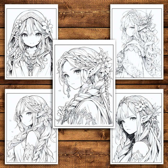 Carte de colorat pentru relaxare si antistres, 50 de ilustratii, Anime Elf Girls - Volumul III, 106 pagini [4]